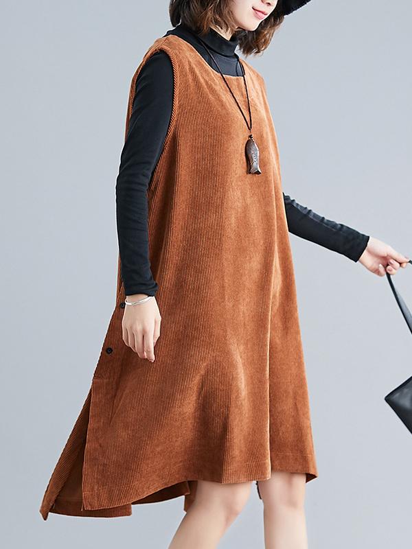 Solid Corduroy Split-side Vest Dress