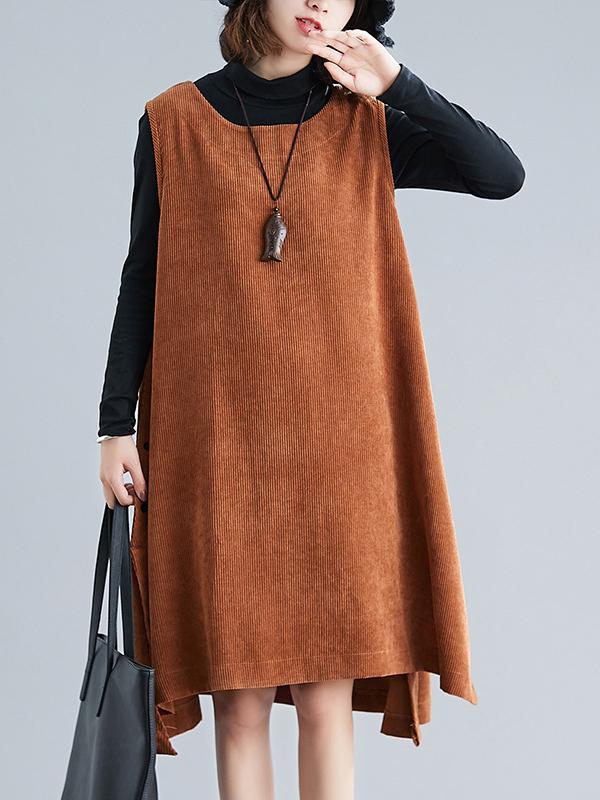 Solid Corduroy Split-side Vest Dress