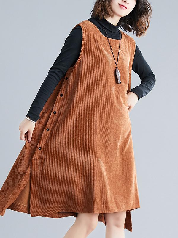 Solid Corduroy Split-side Vest Dress