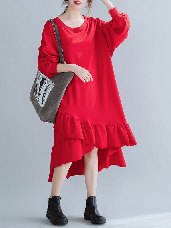 SOLID CROPPED SPLIT-JOINT LACY SWEATSHIRT DRESS