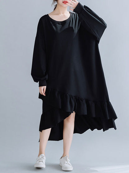 SOLID CROPPED SPLIT-JOINT LACY SWEATSHIRT DRESS