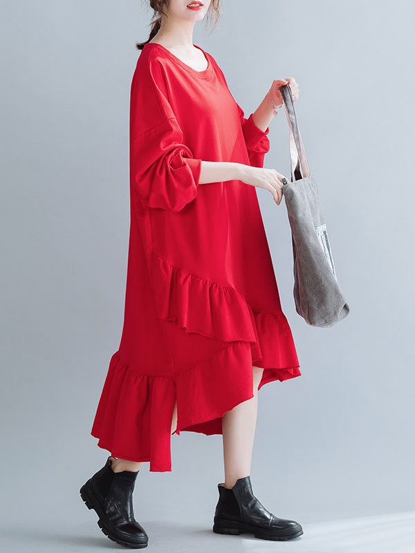 SOLID CROPPED SPLIT-JOINT LACY SWEATSHIRT DRESS