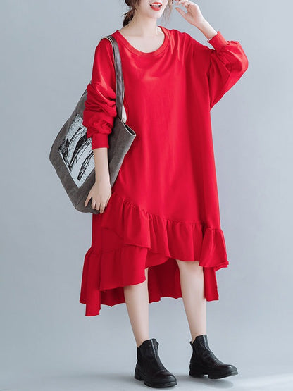 SOLID CROPPED SPLIT-JOINT LACY SWEATSHIRT DRESS