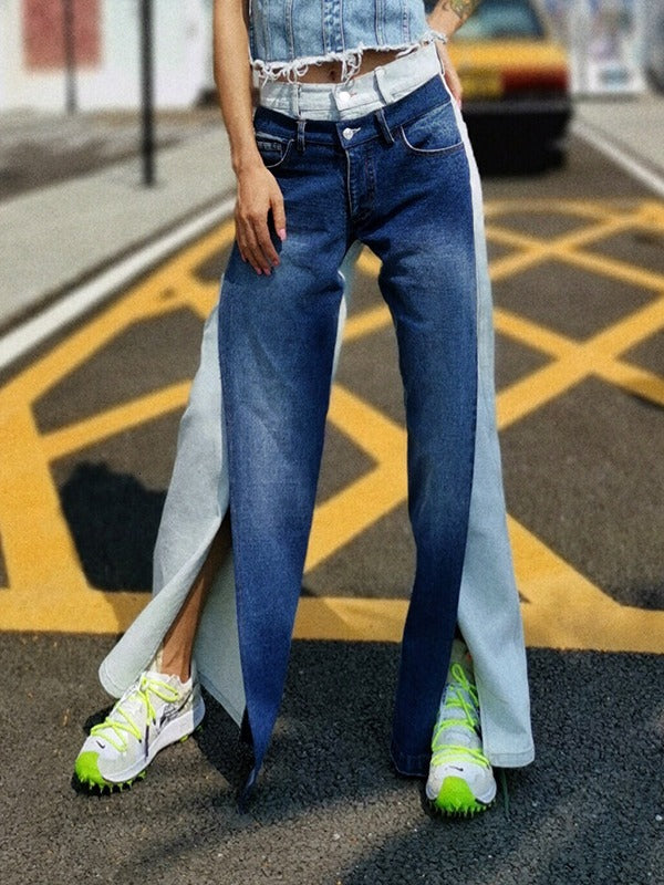 Contrast Color Split-Front Wide-Leg Jean Pants – rrdeye