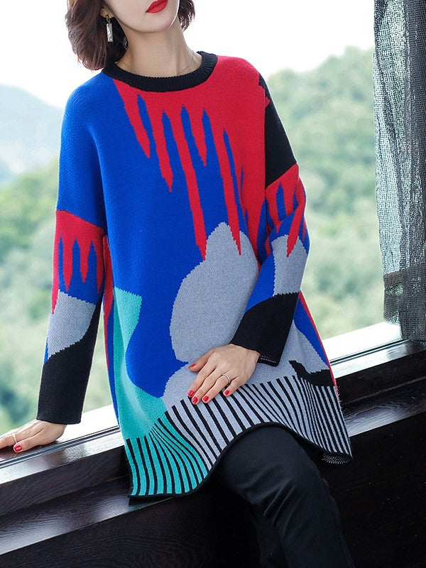 LOOSE CONTRAST COLOR HIGH-LOW KNITTING SWEATER