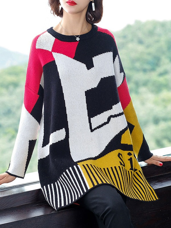 LOOSE CONTRAST COLOR HIGH-LOW KNITTING SWEATER