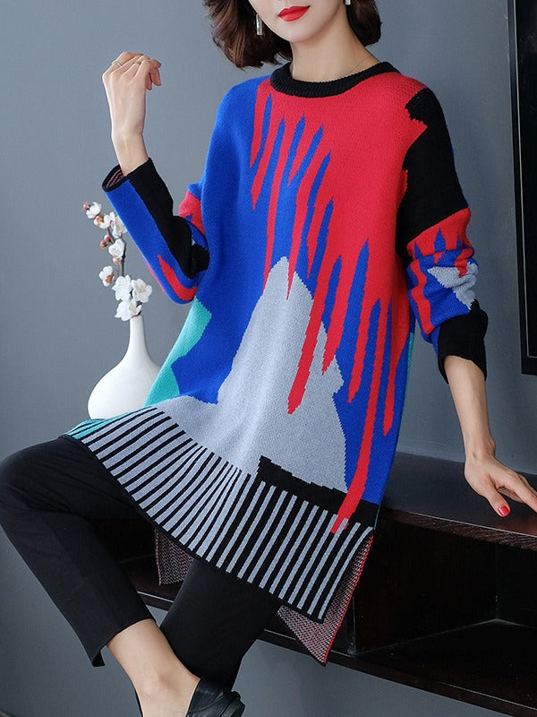 LOOSE CONTRAST COLOR HIGH-LOW KNITTING SWEATER