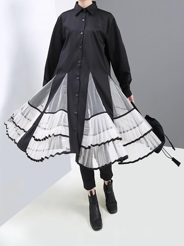 Loose Stitching Mesh Lapel Dress