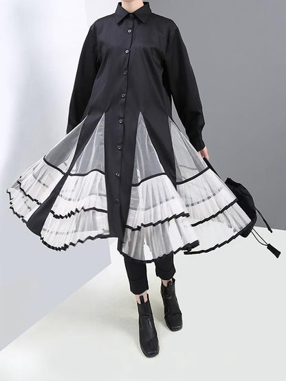 Loose Stitching Mesh Lapel Dress