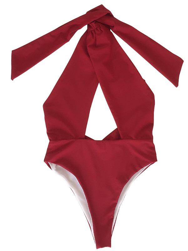Solid Bandage Halter-Neck One-Piece Swimwear
