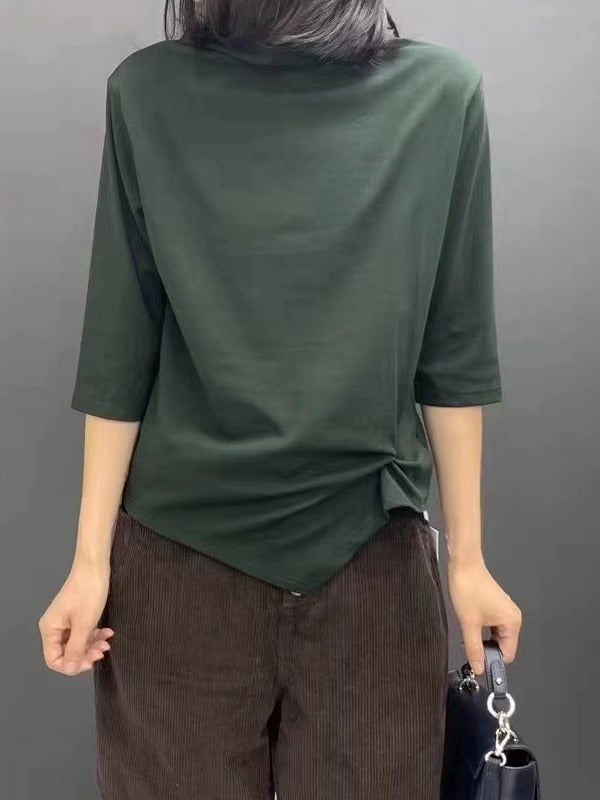 PLAIN PLEATED KNIT ASYMMETRIC T-SHIRT