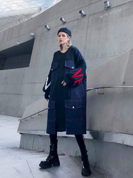 CASAUL DENIM SPLIT-JOINT SWEATSHIRT DRESS