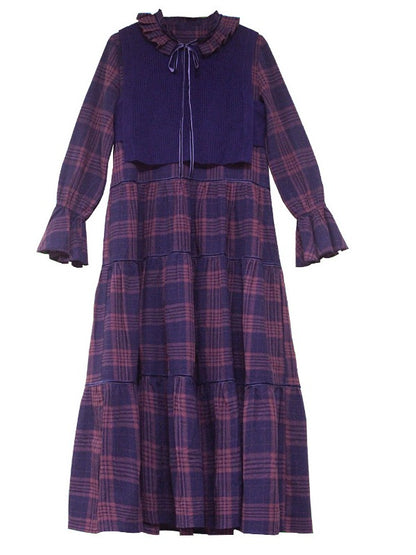 Vintage Pleated Bow Plaid Doll-Neck Midi Dress