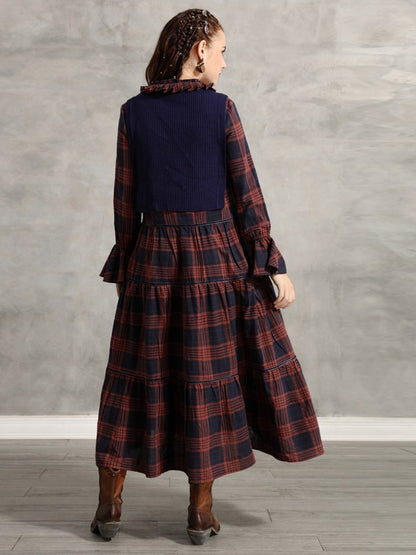 Vintage Pleated Bow Plaid Doll-Neck Midi Dress