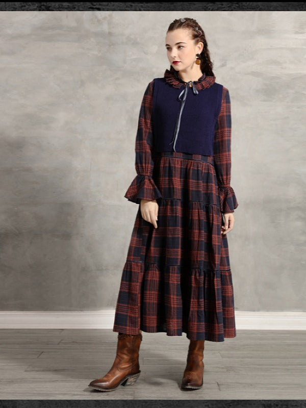 Vintage Pleated Bow Plaid Doll-Neck Midi Dress
