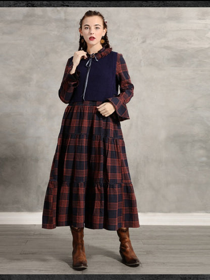 Vintage Pleated Bow Plaid Doll-Neck Midi Dress