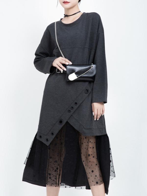 Polka-dot Gauze Split-joint Cropped Midi Dress