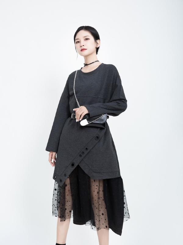 Polka-dot Gauze Split-joint Cropped Midi Dress