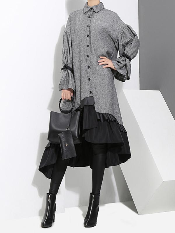 Loose Split-joint Falbala Lapel Blouse Dress