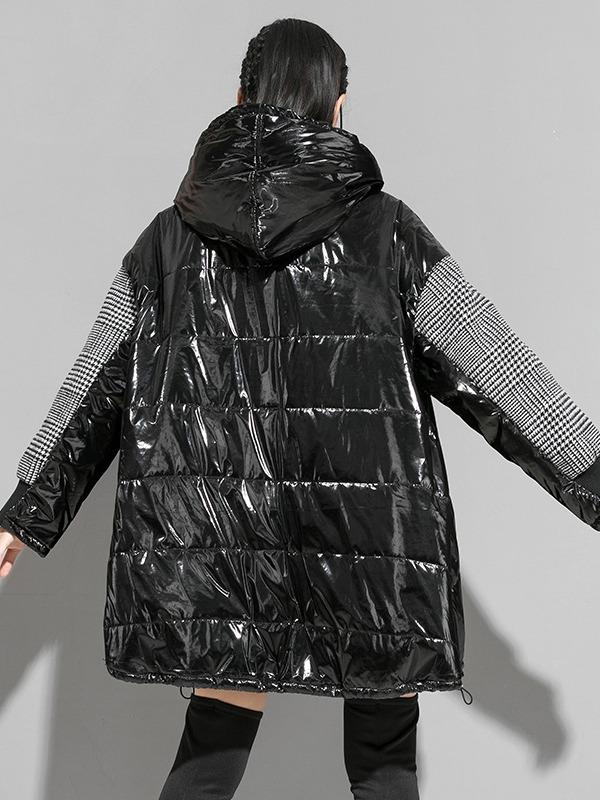 Plaid Stitching Padded Loose Long Hoodie