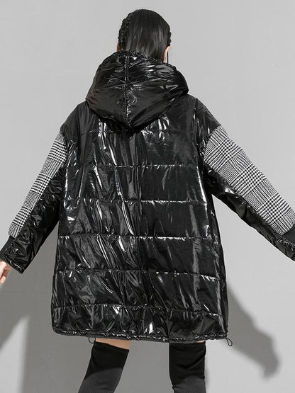 Plaid Stitching Padded Loose Long Hoodie