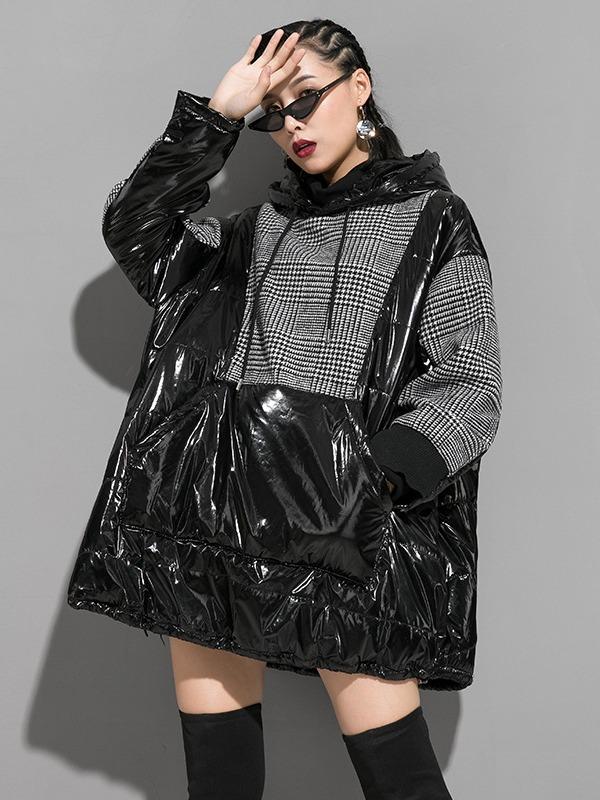 Plaid Stitching Padded Loose Long Hoodie