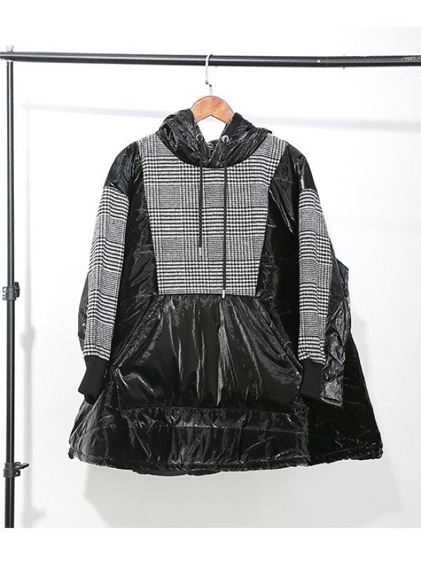 Plaid Stitching Padded Loose Long Hoodie