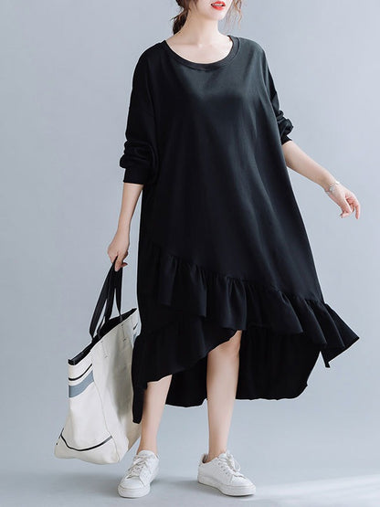 SOLID CROPPED SPLIT-JOINT LACY SWEATSHIRT DRESS
