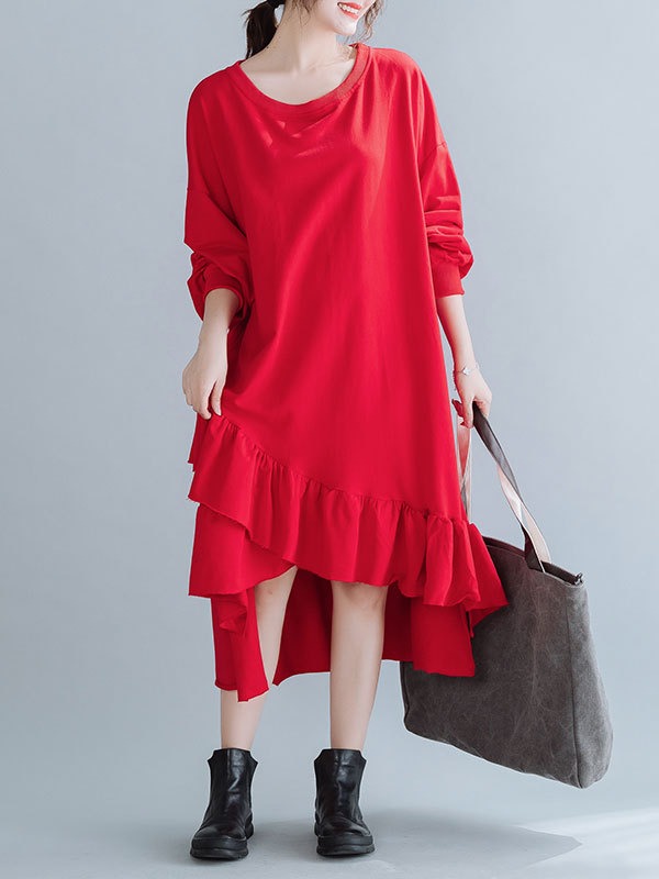 SOLID CROPPED SPLIT-JOINT LACY SWEATSHIRT DRESS