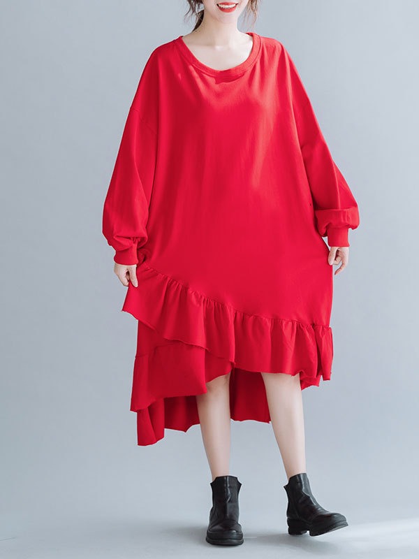 SOLID CROPPED SPLIT-JOINT LACY SWEATSHIRT DRESS
