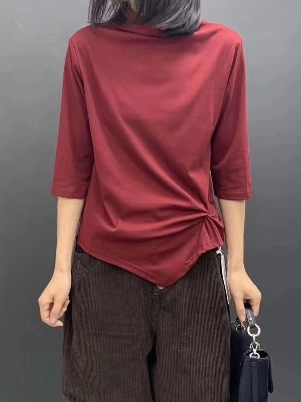 PLAIN PLEATED KNIT ASYMMETRIC T-SHIRT