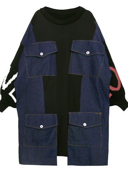 CASAUL DENIM SPLIT-JOINT SWEATSHIRT DRESS
