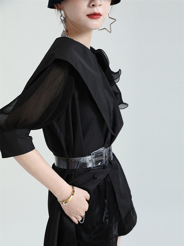 Stylish Irregular 4 Colors Split-Joint Pleated Mesh Falbala Buttoned Lapel Collar Bishop Sleeves Blouse