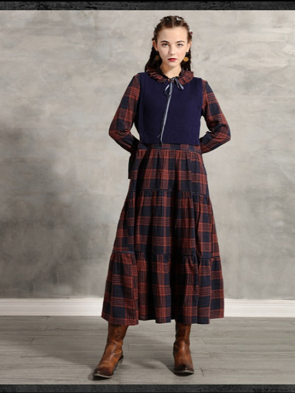 Vintage Pleated Bow Plaid Doll-Neck Midi Dress