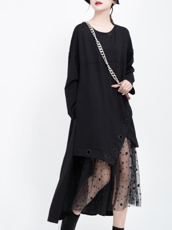 Polka-dot Gauze Split-joint Cropped Midi Dress