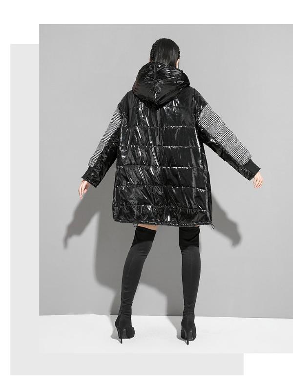 Plaid Stitching Padded Loose Long Hoodie