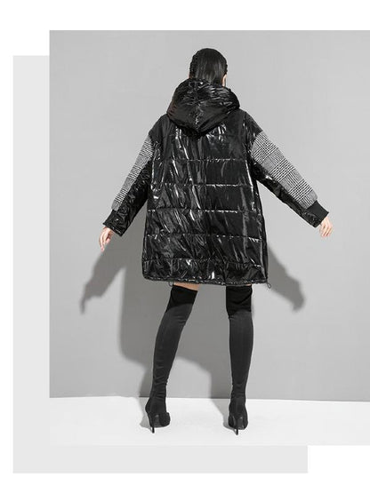 Plaid Stitching Padded Loose Long Hoodie