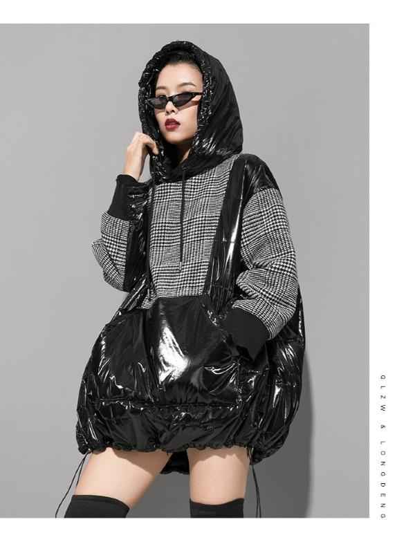 Plaid Stitching Padded Loose Long Hoodie
