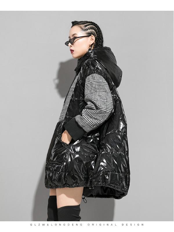 Plaid Stitching Padded Loose Long Hoodie