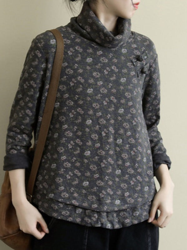 VINTAGE FLORAL HIGH-NECK LONG SLEEVE T-SHIRT