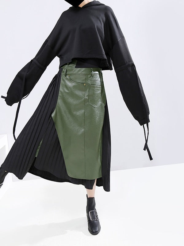 Pleated Stitching Cropped PU Skirt
