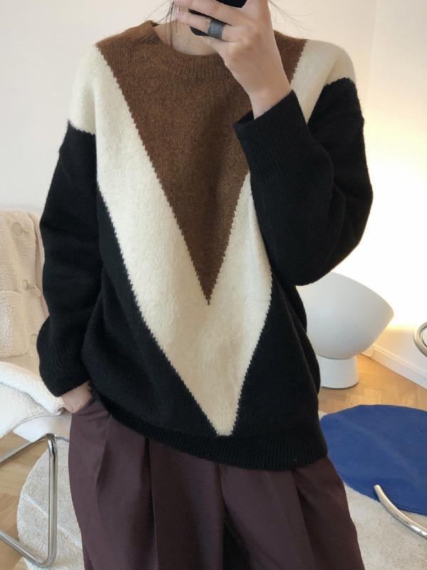 Retro Contrast Color Round-Neck Knit Sweater