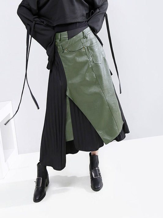 Pleated Stitching Cropped PU Skirt
