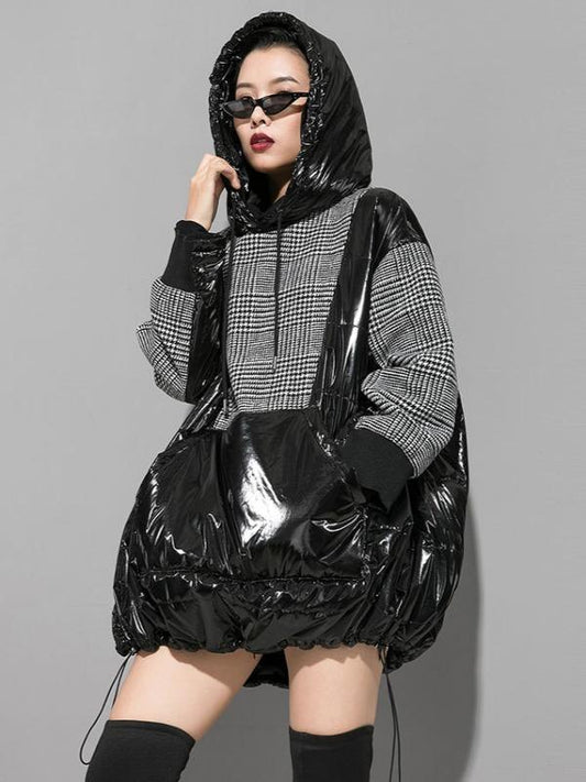 Plaid Stitching Padded Loose Long Hoodie