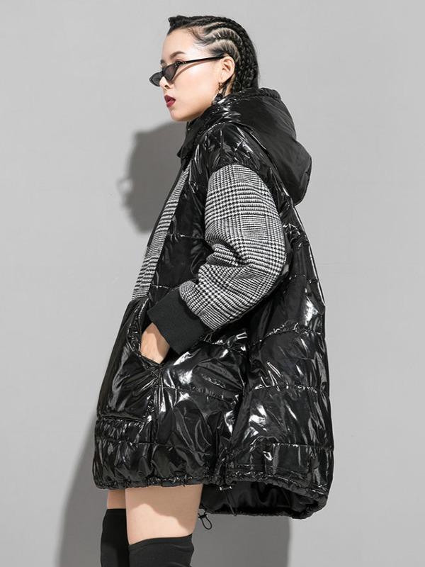 Plaid Stitching Padded Loose Long Hoodie