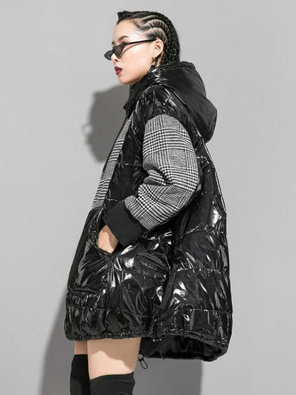 Plaid Stitching Padded Loose Long Hoodie