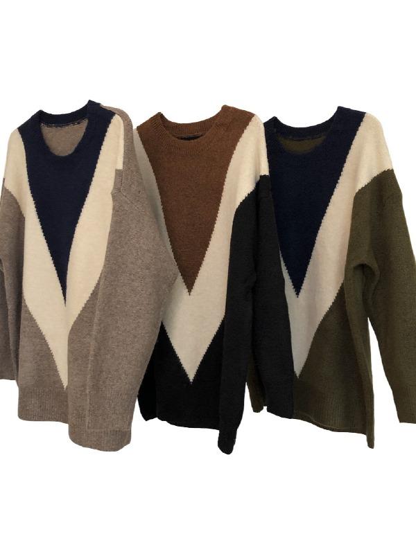 Retro Contrast Color Round-Neck Knit Sweater