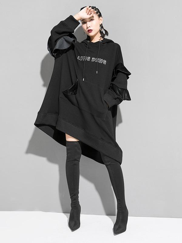 Splicing Falbala Velvet Long Hoodie