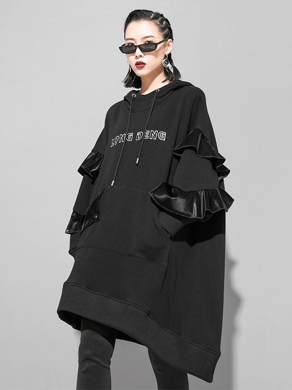 Splicing Falbala Velvet Long Hoodie