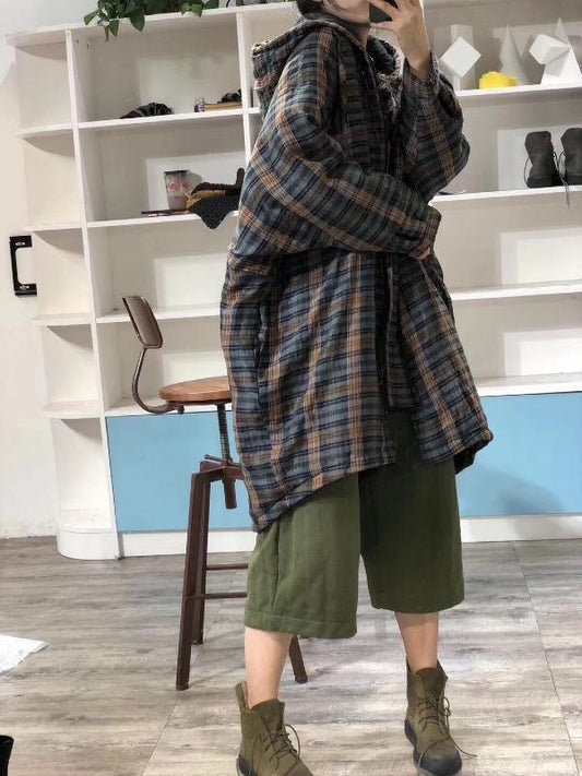 Vintage Plaid Long Hooded Coat